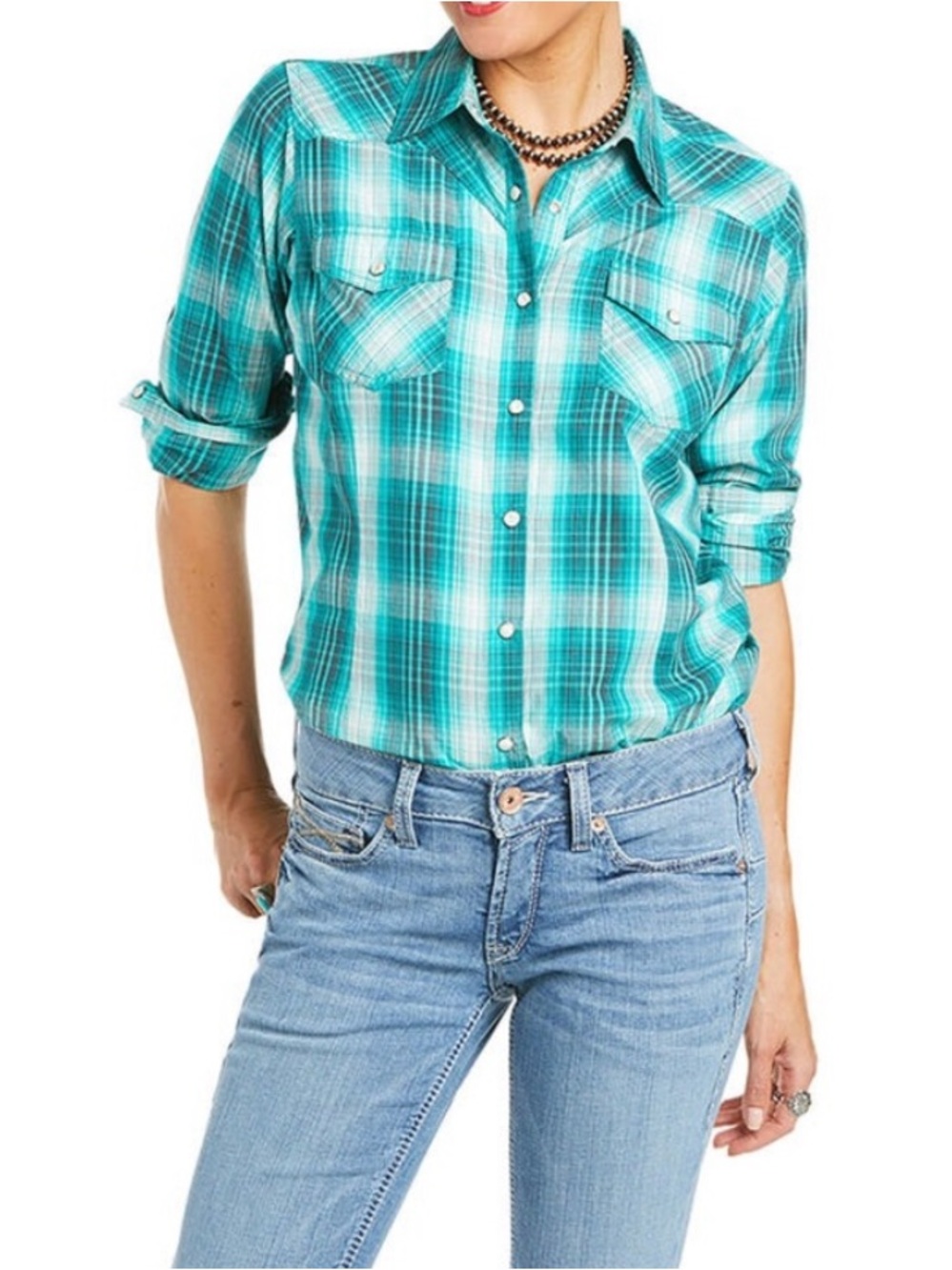 Ariat R.E.A.L. Women's Teal Plaid Western Pearl Snap Shirt Size S 100% cotton - Picture 7 of 14